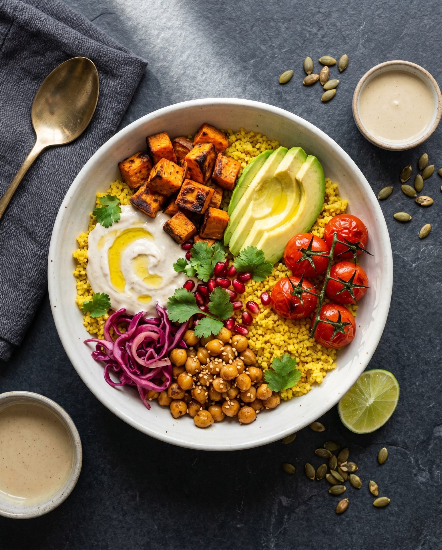 Mediterrane Bowl mit Couscous, Süßkartoffel, Avocado, Kichererbsen und Tahin.