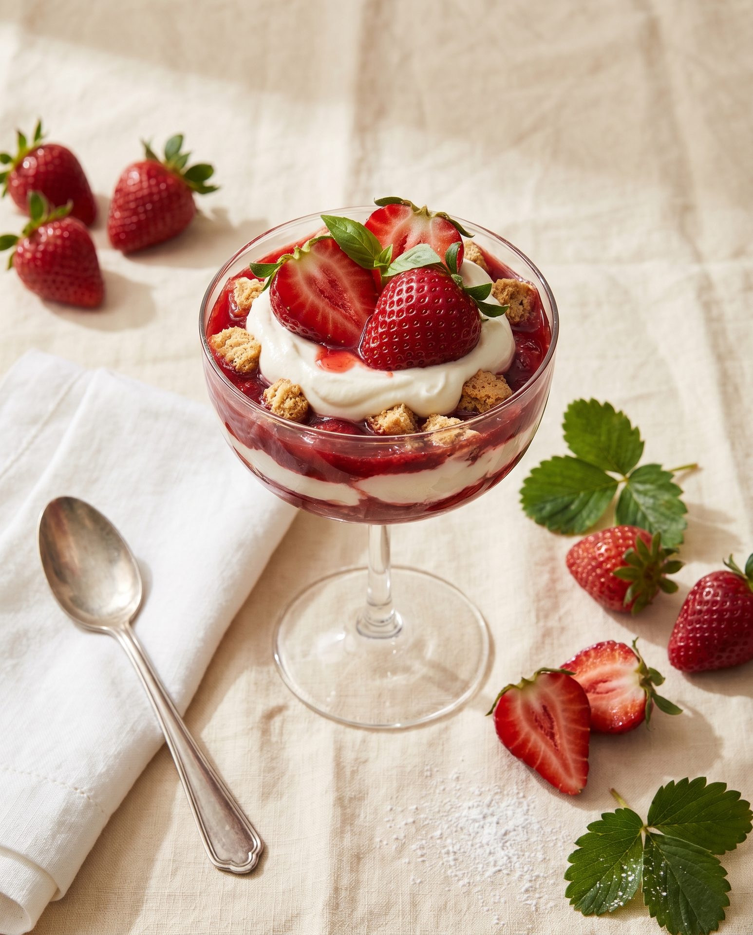 Erdbeer-Eisbacher: Mascarpone, Mandelbiscotti, frische Erdbeeren in einer hohen Coupette.